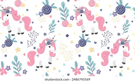 Cute white unicorn, seamless pattern with floral accents