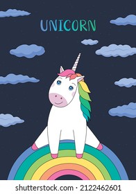 A cute white unicorn sits on a rainbow. Multicolored mane. Starry sky and blue clouds. Vector illustration in a flat style. For design, postcards, posters, prints, covers