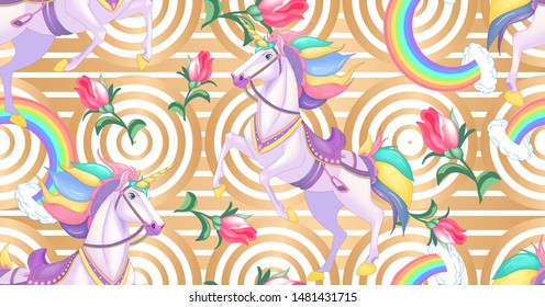 Cute white unicorns with rainbow hair on golden stripes seamless vector pattern background illustration