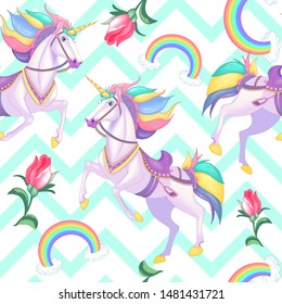 Cute white unicorns with rainbow hair on light blue stripes seamless vector pattern background illustration