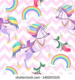 Cute white unicorns with rainbow hair on light pink seamless vector pattern background illustration