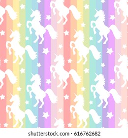 cute white unicorns silhouette on rainbow colorful stripes seamless vector pattern background illustration 