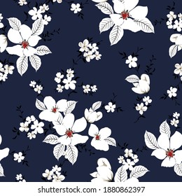 cute white vector flowers small leaves pattern on navy background