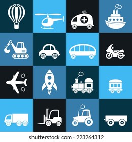 Cute white vector transport icons in blue squares