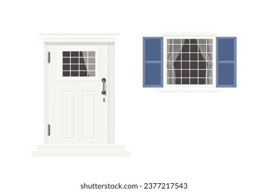 Puerta blanca y blanca y ventana con persianas azules. Aislado sobre fondo blanco. El concepto de casa rural. Caricatura de estilo plano. Ilustración del vector