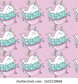 Cute white whale unicorn kawaii style on a pink background seamless pattern for children