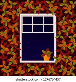 Cute white window, outdoor view.The wall is covered with climbing plant with red and orange leaves. Flower in pot stands on the windowsill. Autumn time vector illustration.