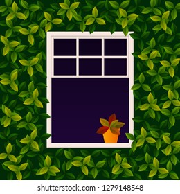 Cute white window, outdoor view.The wall is covered with climbing plant. Flower in pot stands on the windowsill. Spring or summer time vector illustration.