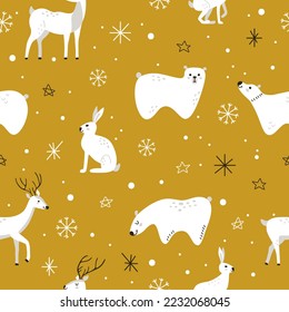 Animales de invierno blancos y dulces bajo la nevada en estilo de higge sobre fondo amarillo. Patrón vectorial sin fisuras con lazos, osos y ciervos. Año Nuevo y fiestas navideñas