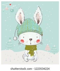 Cute White winter Bunny. Hand drawn vector illustration.