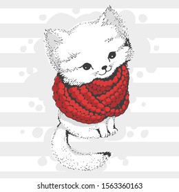 Cute white winter cat in a knitted scarf. Made in a limited color palette. For postcards or prints on clothes