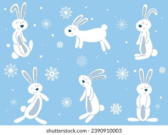 Cute white winter hares set
