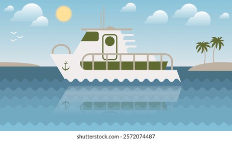  Cute white yacht boat in the sea bay. Reflected in the water, the yacht floats among the islands with palm trees against the sky with the sun, clouds, seagulls. Vector.