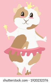 cute white-red guinea pig girl ballerina princess with crown stands on hind legs with a magic wand and in a tutu, cute home rodent, vector illustration in flat style