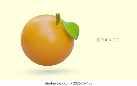 Cute whole 3D orange with leaf. Round juicy fruit on colored background. Ripe tangerine with highlights and shadows. Sweet aromatic clementine. Natural raw sweets