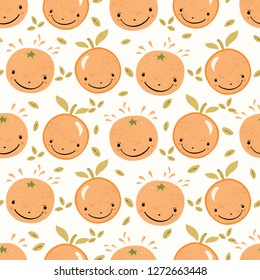 Cute whole orange citrus fruit cartoon with smiling faces. Hand drawn seamless vector pattern illustration. Kawaii character for healthy freshly squeezed vitamin drink background. 