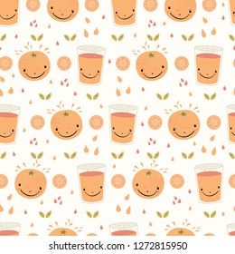 Cute whole orange citrus fruit cartoon with glass of juice. Hand drawn seamless vector pattern illustration. Smiling face kawaii character for healthy freshly squeezed vitamin drink background. 