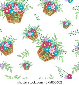 Cute wicker basket with colored flowers and leaves on a white, background.Seamless pattern for spring and summer.Floral vector illustration.Suitable for country design for site,cards,Wallpaper,paper.