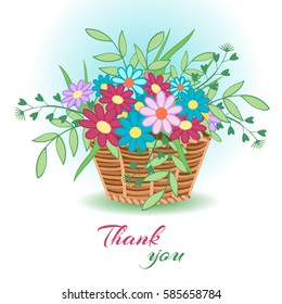 Cute wicker basket with colored flowers and leaves on a white background.Beautiful greeting card Thank you