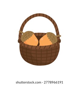 Cute wicker basket filled with acorns in woodland fairy style isolated on white background.