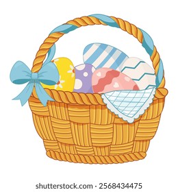 Cute wicker Easter basket with Easter ornate eggs, blue bow, ribbon and plaid picnic napkin. Vector hand drawn wicker picnic basket.