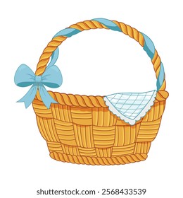 Cute wicker Easter empty basket with blue bow, ribbon and plaid picnic napkin. Vector hand drawn wicker picnic basket.