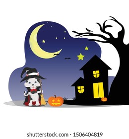 Cute Wicth Cat  Halloween In The Night Vector Background