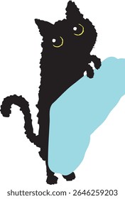 A cute wide-eyed black cat character propping its front paws on a desk