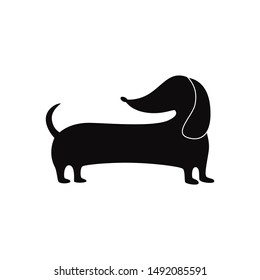 Cute wiener dog silhouette isolated on white background, cartoon pet animal outline standing and looking back, dachshund breed icon vector illustration