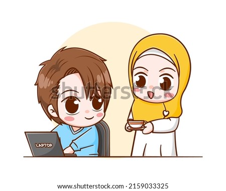 Cute wife giving a cup of coffee cartoon illustration