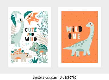 Cute and wild - Adorable DINO. Cartoon illustration dinosaur for children. Vector print with cute dino in flat style