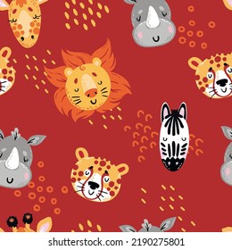 Cute wild African animals pattern for children design, clothes and package. Red background.