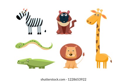 Cute wild African animals set, zebra, monkey, giraffe, snake, crocodile, lion, vector Illustration on a white background