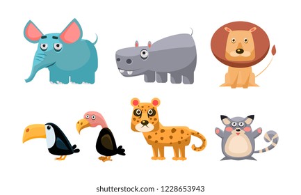 Cute wild African animals set, lion, hippopotamus, elephant, toucan, bald eagle, tiger, mouse vector Illustration on a white background