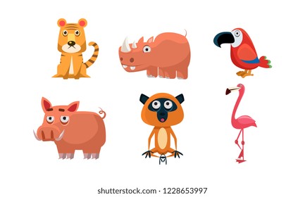 Cute wild African animals set, tiger, rhino, parrot, boar, flamingo, lemur vector Illustration on a white background