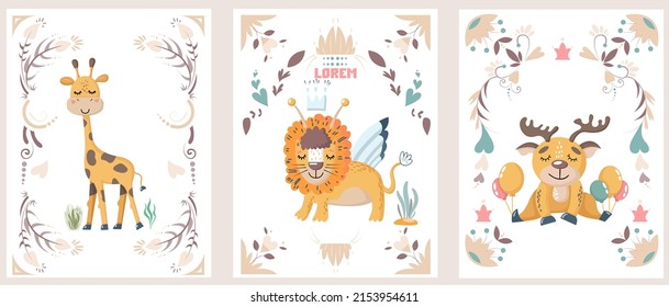 Cute wild African safari animals lion, giraffe, antelope. Hand-drawn posters for the children's room, greeting cards, A set of flat cartoon vector illustrations