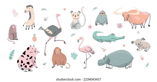 Cute wild animal characters. Zebra koala and hippo, fatty flat tiger. Funny childish animals, isolated cartoon african safari nowaday vector kit