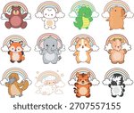 Cute wild animal elements icon. Fluffy pet stickers. Animals in front of the rainbow