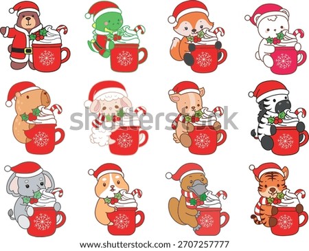 Cute wild animal elements icon with christmas theme. Fluffy pet stickers. Animals bring a hot chocolate 