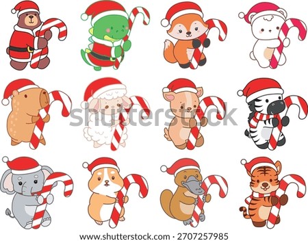 Cute wild animal elements icon with christmas theme. Fluffy pet stickers. Animals bring a stick candy