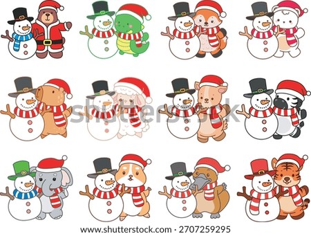 Cute wild animal elements icon with christmas theme. Fluffy pet stickers. Animals with a snowman