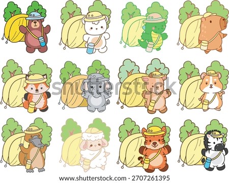 Cute wild animal elements icon. Fluffy pet stickers. Animals in the camp