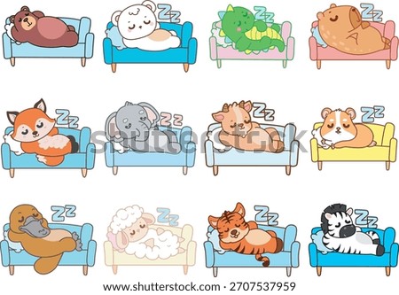 Cute wild animal elements icon. Fluffy pet stickers. Animals laying in the couch