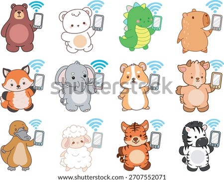 Cute wild animal elements icon. Fluffy pet stickers. Animals bring a phone