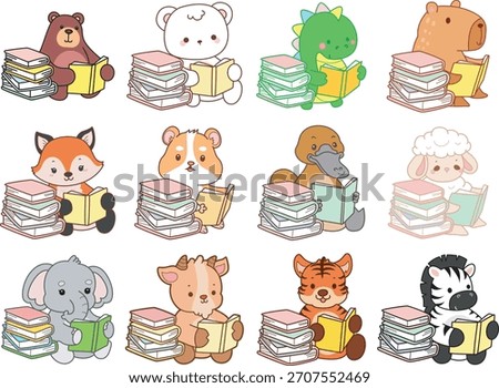 Cute wild animal elements icon. Fluffy pet stickers. Animals reading a book