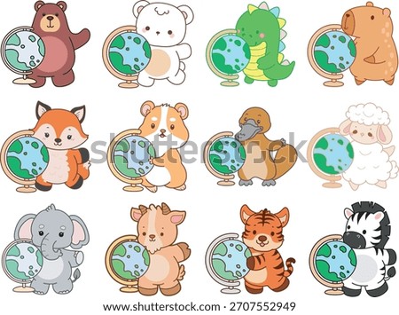Cute wild animal elements icon. Fluffy pet stickers. Animals bring a globe