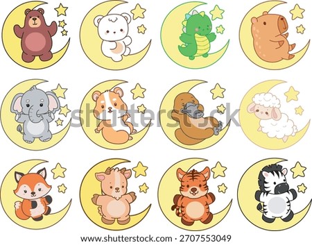 Cute wild animal elements icon. Fluffy pet stickers. Animals laying in the moon