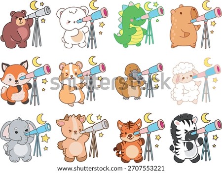 Cute wild animal elements icon. Fluffy pet stickers. Animals see the moon by telescope 