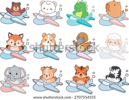 Cute wild animal elements icon. Fluffy pet stickers. Animals riding a plane 