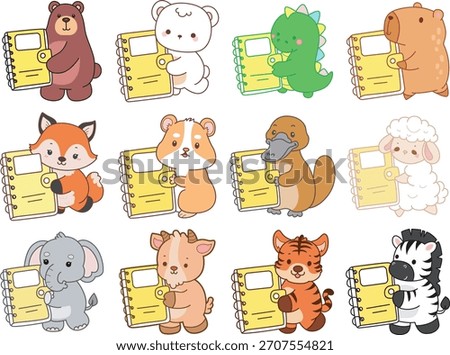 Cute wild animal elements icon. Fluffy pet stickers. Animals bring a yellow book